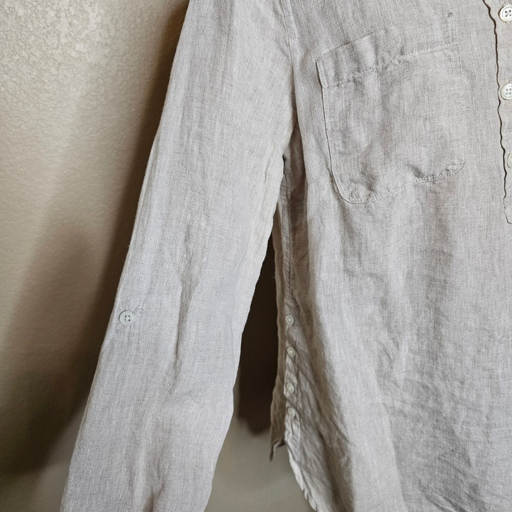 Talbots Medium Natural Beige 100% Linen Roll Tab Sleeve Button Hem Tunic Top - Picture 3 of 10